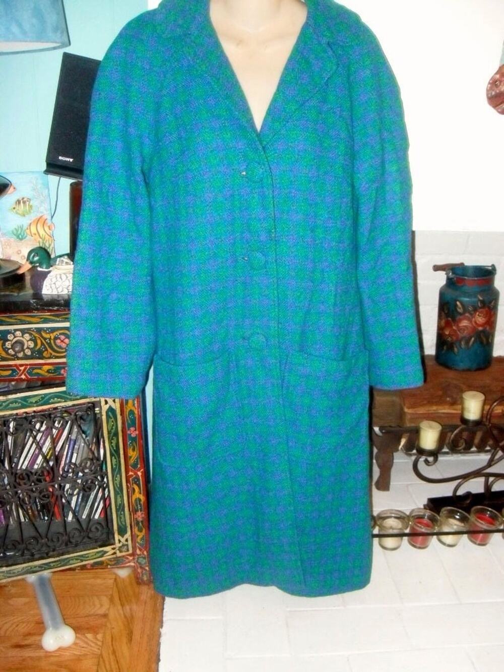 VINTAGE 50'S 60'S TURQUOISE TWEED CHECKERED PATTERN COAT